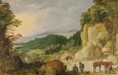 A Mountain Landscape with a Waterfall and Travellers at a Ford