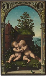 The Infant Christ and Saint John the Baptist as Children Embracing in a Landscape, Surrounded by a Classical Archway