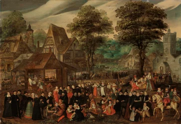 A village festival with elegantly dressed figures in procession, a river and tower beyond