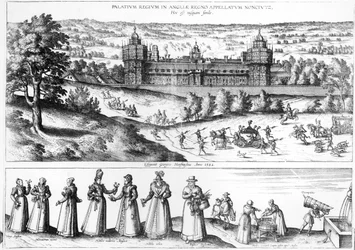 Arrival of Queen Elizabeth I at Nonesuch Palace and men and women from Tudor society, 1582