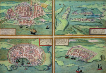 Map of Calais, Malta, Rhodes, and Famagusta, from 