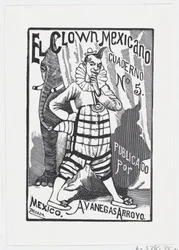 A clown standing with one hand on his hip and an elephant peering out from behind