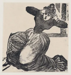 A gasping woman on the ground with her hands raised to her head, from a broadside entitled...