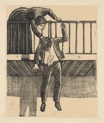 A woman discovering a man who has committed suicide by hanging himself from a beam, ca. 1900-1910
