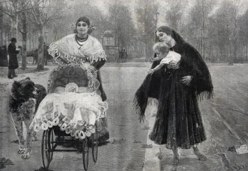 In the Tuileries Garden in Paris - The Contrast - Engraving after the painting by Jose Villegas Cordero (1844-1921)