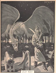 Drawing for the poem "Like Night". A dragon being produced by the smoke from factories, behind a German soldier. A surreal scene.