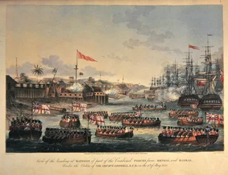 View of the landing at Rangoon of part of the combined forces from Bengal and Madras, under the orders of Sir Archibald Campbell, on the 11th May 1825, engraved by Henry Pyall