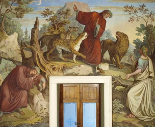 Dante sleeping, attacked by wild beasts, and encountering Virgil