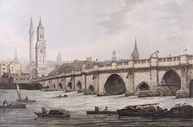 View of London Bridge, Including the Church of St. Magus and The Monument