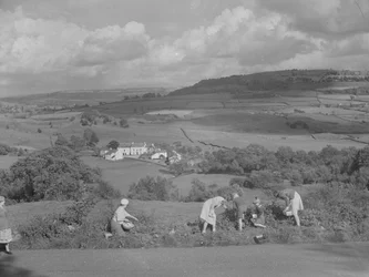 Children and adults picking blackberries with view of the Winster Valley beyond