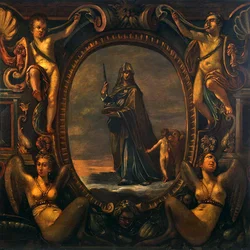 Allegorical figure with putti in a cartouche