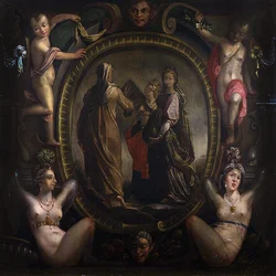 Three allegorical figures in a cartouche