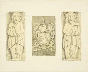 2 figures and coat of arms from gateway at Black Castle, Brislington