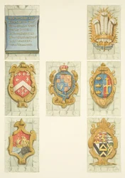 Coats of arms on stone pulpit of Bristol Cathedral