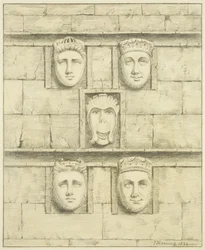 Five corbels at Black Castle, Brislington, 1824
