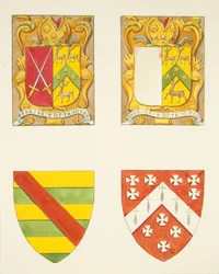 Four coats of arms - two in a window near the belfry, Bristol Cathedral