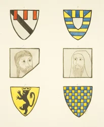 Four Coats of Arms and Two Heads in Stained Glass Windows North and South of Choir in Bristol Cathedral