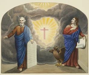 Painted window over Christ Church altar, showing Moses and St John the Evangelist