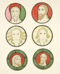 Six heads in stained glass windows north and south of choir in Bristol Cathedral