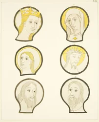 Six heads in stained glass windows south of choir in Bristol Cathedral