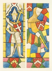 Two figures in stained glass windows of choir in Bristol Cathedral
