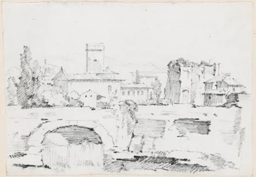 An Italian Town with a Stone Bridge and a Waterfall