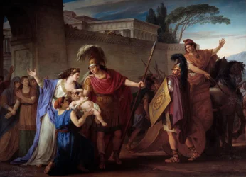 Hector and Andromache farewell. Leaving for the Trojan War, Hector leaves his wife and son Astyanax. Painting by Joseph Marie Vien (1716-1809), 1786. Sun. 3.29 x 4.25 m