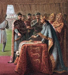 King John of England signs the Magna Carta, from Pictures of English History, 1868