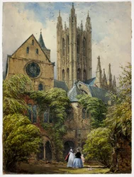 Professor, Woman, Child and Dog in Cathedral Close