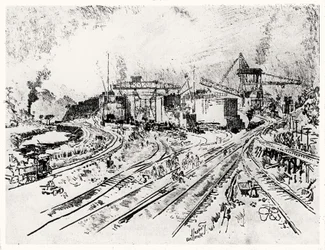 Building Miraflores Lock, plate XXI from The Panama Canal by Joseph Pennell