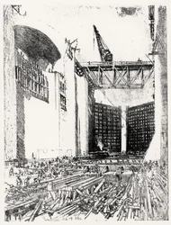 Laying the Floor: Pedro Miguel Lock, plate XVIII from The Panama Canal by Joseph Pennell