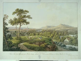 View of Jena from Rasenhuehlberg, c.1810 (etching)