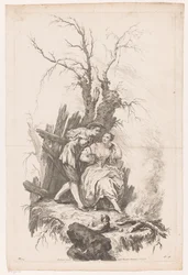 Man and Woman with Dog by a Fire