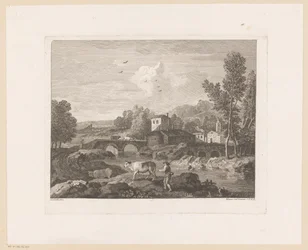 River Landscape with Shepherd and Cows on Bridge