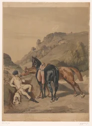 Two Horses with Resting Rider in a Landscape (series title: Horses after Alfred de Dreux)