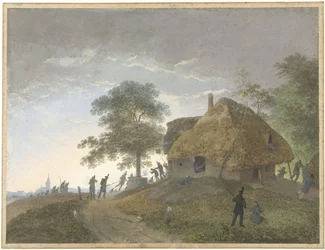 Fight at an Inn or House with Thatched Roof on a Hill