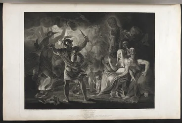 Macbeth. Act IV. Scene I. A dark cave. In the middle a cauldron boiling. Three witches. Macbeth. Hecate. Macbeth faces the witches and the apparitions; by his feet, inside a coiled snake, stand a small bloody child and a child wearing a crown and holding a