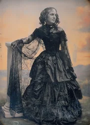 Woman in Black Taffeta Dress and Lace Shawl, ca. 1850
