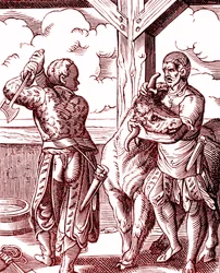 A Butcher - Food and Cooking in the Middle Ages. Engraving by Jost Amman (1539-1591). Engraving 1878