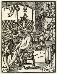 The Barbers from a series depicting occupations and trades first published in Das Ständebuch 1568 in Frankfurt, Germany