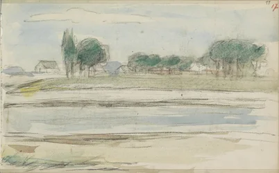 Landscape with water and houses by a dike