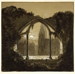 Gothic Cathedral Seen Through Ruins of a Castle