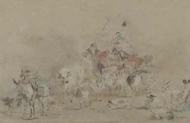 Herd on the Move with a Shepherdess on a Mule