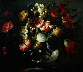 Tulips, Carnations and Narcissi in a Glass Vase