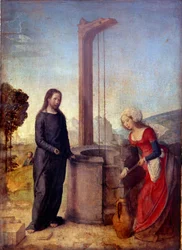 Christ and the Samaritan. Painting by Juan de Flandes