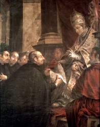 St. Ignatius receiving the papal bull of the foundation of the company of Jesus from Pope Paul III