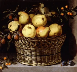 A Wicker Basket with Fruit on a Stone Ledge
