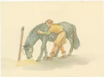 A Medieval Groom Brushing a Horse