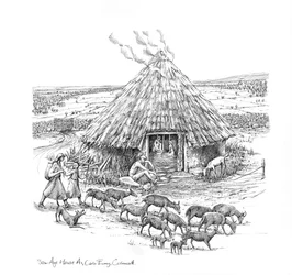 Farmers and a Herd of Goats Outside Iron Age Roundhouse