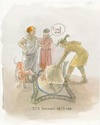 The master craftsman revealing the mosaic floor to Marcus and Julia, 2003